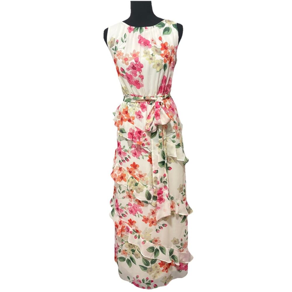 Jessica Howard Floral Ruffle Maxi Dress Petite 4P Sleeveless Belted